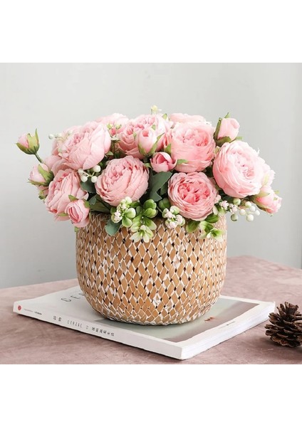 Fuşya Pembe 1 Buket 9 Kafaları Yapay Şakayık Çay Gül Çiçek Kamelya Ipek Sahte Çiçek Flores Dıy Ev Bahçe Düğün Dekorasyon Için (Yurt Dışından)