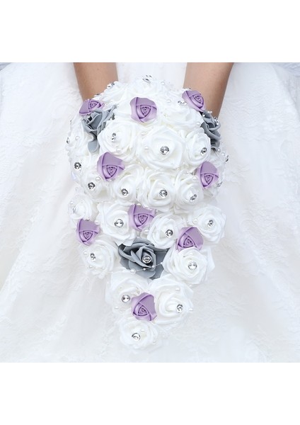 Bebek Mor 18 cm Çap Büyük Uzun Şelale Gelin ve Nedime Için Yeni Düğün Buketleri Pe Gül Rhinestones El Çiçek Parti Düğün Dekorasyon W330PE (Yurt Dışından)