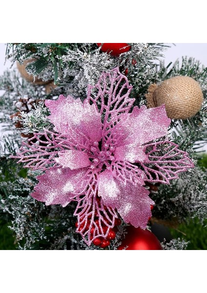 5 Adet Gümüş 5 Adet Noel Çiçekleri Kırmızı Parlak Toz Çiçek Başları Noel Ev Için Ağaç Süsleri Navidad Parti Masa Ayarı Dekor Malzemeleri (Yurt Dışından)