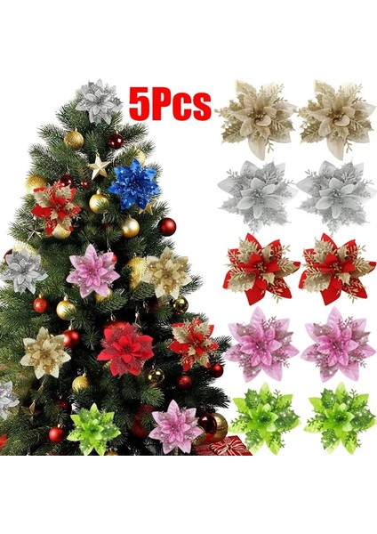 D Mavi 5 Adet Noel Çiçekleri Glitter Yapay Atatürk Çiçeği Çiçek Noel Ağacı Süsler Dıy Çelenk Ev Düğün Parti Süslemeleri Hediye (Yurt Dışından)