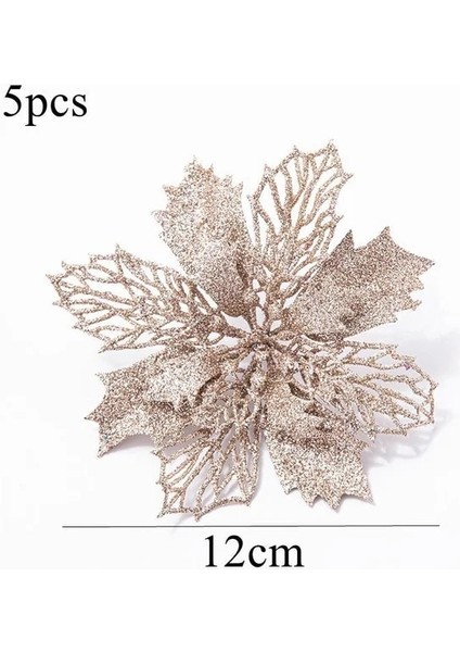 5 Adet Şampanya 5 Adet Noel Çiçek Başları Renkli Glitter Toz Noel Çiçeği Noel Ağacı Dekorasyon Navidad Parti Masa Ayar Malzemeleri (Yurt Dışından)
