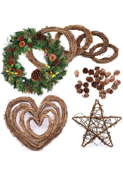 10 Adet B02 Noel Dekorasyon Doğal Rattan Çelenk Sahte Suni Çam Kozalağı Yuvarlak Kalp Yıldız Düğün Çelenk Garland Ev Dıy El Sanatları Dekor (Yurt Dışından)