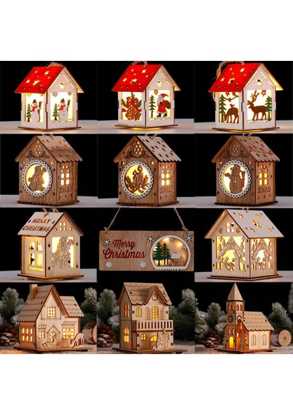 Noel Baba 2 Dıy Doğal Ahşap Sıcak LED Işıkları ile Asılı Kütük Kabin Noel Süsleri Ahşap Parlayan Kale Lambası Yeni Yıl Hediyeleri Çocuk Oyuncakları (Yurt Dışından)