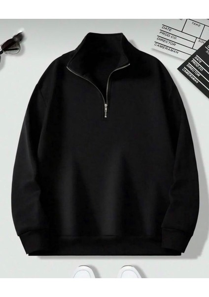 Unisex Yeni Sezon Pamuklu Yarım Fermuarlı Sweatshirt