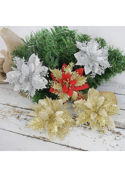 16CM-D25 5 Adet/grup Glitter Yapay Çiçekler Noel Ağacı Dekorasyon Poinsettia Noel Süsler Ev Düğün Noel Partisi Dekoru Için (Yurt Dışından)