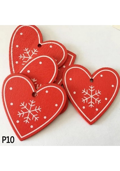 P10-KIRMIZI Kalp 10 Adet 5 cm Kırmızı Kalp Yıldız Çan Kar Tanesi Noel Süsler Kolye Doğal Ahşap Noel Asılı Konfeti Noel Ağacı Süslemeleri (Yurt Dışından)