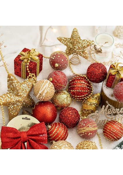 Şarap Kırmızısı Yay Noel Topu Boyalı Top Altın Simli Şampanya Glitter Yıldız Noel Ağacı Asılı Pencere Dekorasyonu Küçük Hediyeler Oyuncaklar (Yurt Dışından)