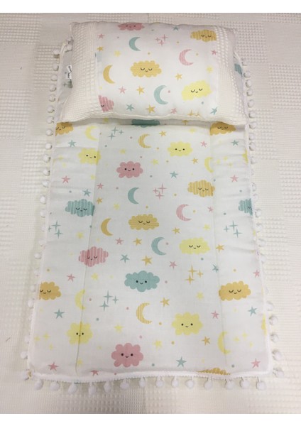 Busebabyhome Krem , Müslin ve Ponponlu Alt Açma , Yastık ve Battaniye 3'lü Set