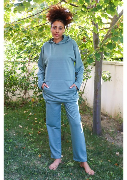 Kadın Pamuk Kapşonlu Cepli 3 Iplik Yeşil Eşofman Takım 9037