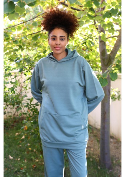 Kadın Pamuk Kapşonlu Cepli 3 Iplik Yeşil Eşofman Takım 9037 fiyatları