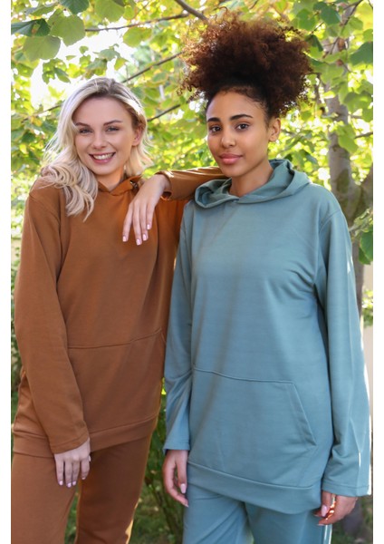 Kadın Pamuk Kapşonlu Cepli 3 Iplik Yeşil Eşofman Takım 9037 modelleri