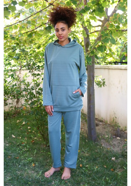 Kadın Pamuk Kapşonlu Cepli 3 Iplik Yeşil Eşofman Takım 9037 fırsatları