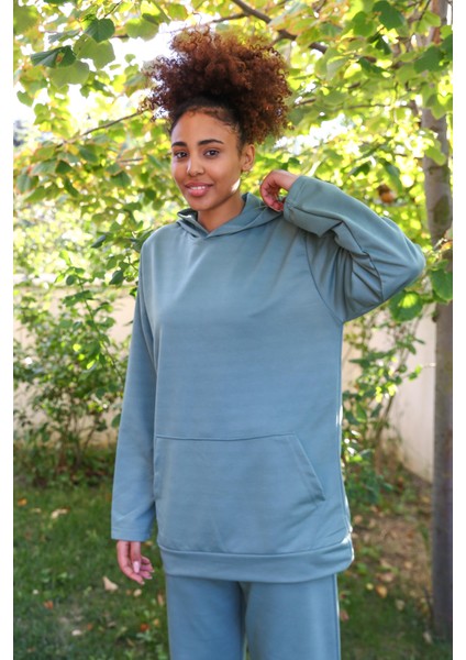 Kadın Pamuk Kapşonlu Cepli 3 Iplik Yeşil Eşofman Takım 9037 indirimleri