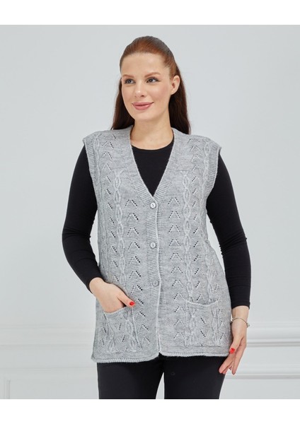 Kadın V Yaka Zincir Örgü Cepli Yün Anne Triko Yelek fiyatları