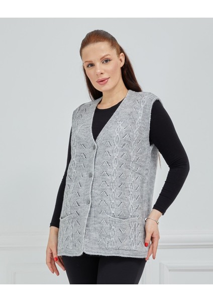 Kadın V Yaka Zincir Örgü Cepli Yün Anne Triko Yelek modelleri