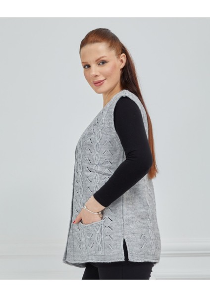 Kadın V Yaka Zincir Örgü Cepli Yün Anne Triko Yelek fırsatları