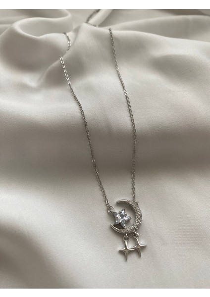 Kadın Çelik Silver Taşlı Ay Yıldız Kolye