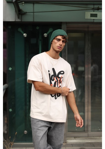 Idea Baskılı Oversize Krem Tişört