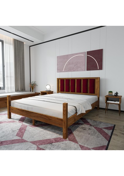 Orion Model Bordo Puflu Başlıklı Ceviz Renk Çam Ahşap Karyola