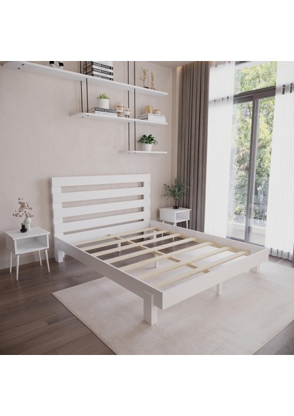 Urban New Model Beyaz Renk Çam Ahşap Karyola ve Iki Komodin Set