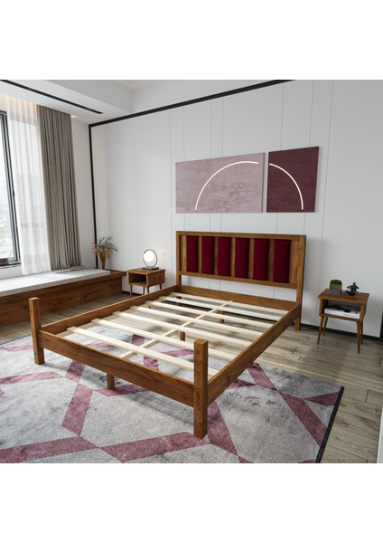 Orion Model Bordo Renk Puflu Başlıklı Ceviz Renk Çam Ahşap Karyola ve Iki Komodin Set