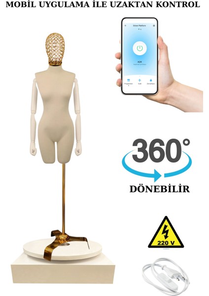 36 Beden 360 Derece Dönebilen Telefondan Kumandalı Ahşap Kollu Vitrin Mankeni Terzi Mankeni