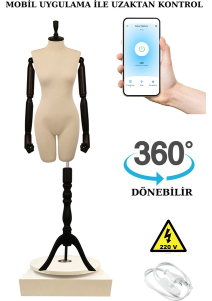 36 Beden 360 Derece Dönebilen Telefondan Kumandalı Ahşap Kollu Vitrin Mankeni Terzi Mankeni