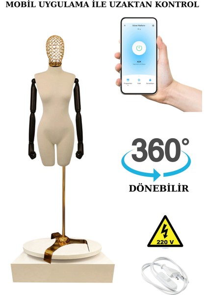 36 Beden 360 Derece Dönebilen Telefondan Kumandalı Ahşap Kollu Vitrin Mankeni Terzi Mankeni