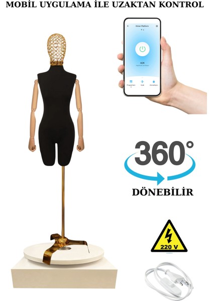 36 Beden 360 Derece Dönebilen Telefondan Kumandalı Ahşap Kollu Vitrin Mankeni Terzi Mankeni