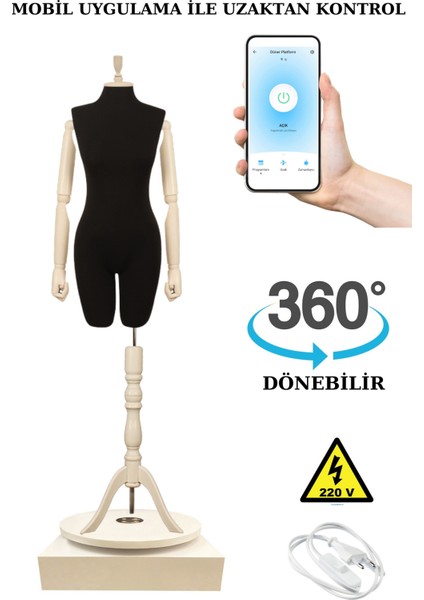 36 Beden 360 Derece Dönebilen Telefondan Kumandalı Ahşap Kollu Vitrin Mankeni Terzi Mankeni