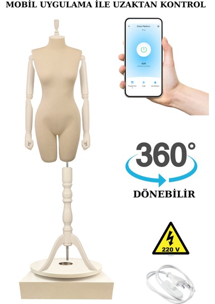 36 Beden 360 Derece Dönebilen Telefondan Kumandalı Ahşap Kollu Vitrin Mankeni Terzi Mankeni