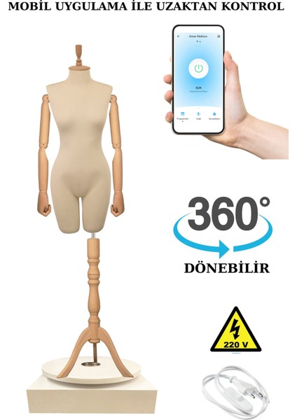 40 Beden 360 Derece Dönebilen Telefondan Kumandalı Ahşap Kollu Vitrin Mankeni Terzi Mankeni