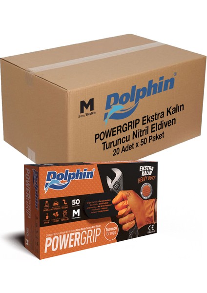 PowerGrip Ekstra Kalın Turuncu Nitril Eldiven Elmas Dokulu M 50 Adet x 20 Paket - Koli