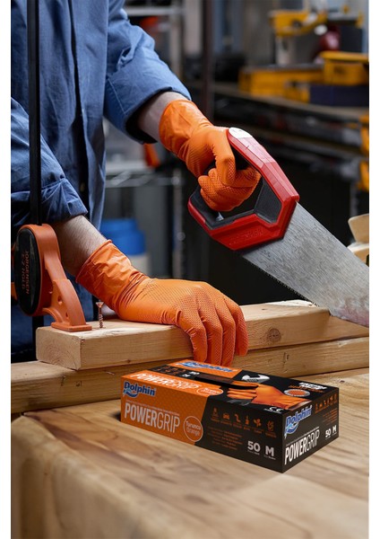 PowerGrip Ekstra Kalın Turuncu Nitril Eldiven Elmas Dokulu M 50 Adet x 20 Paket - Koli
