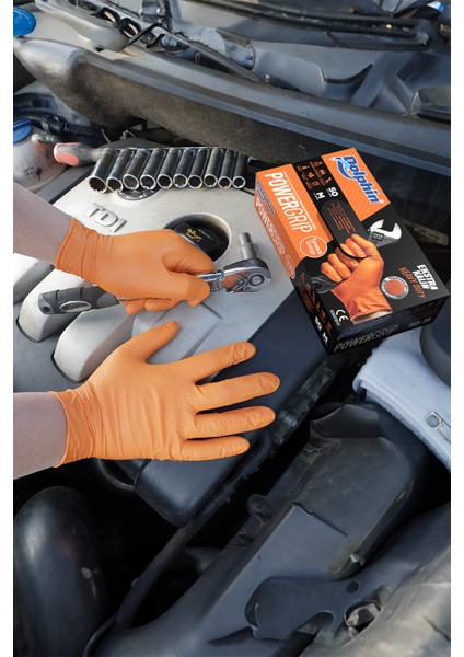 PowerGrip Ekstra Kalın Turuncu Nitril Eldiven Elmas Dokulu M 50 Adet x 20 Paket - Koli