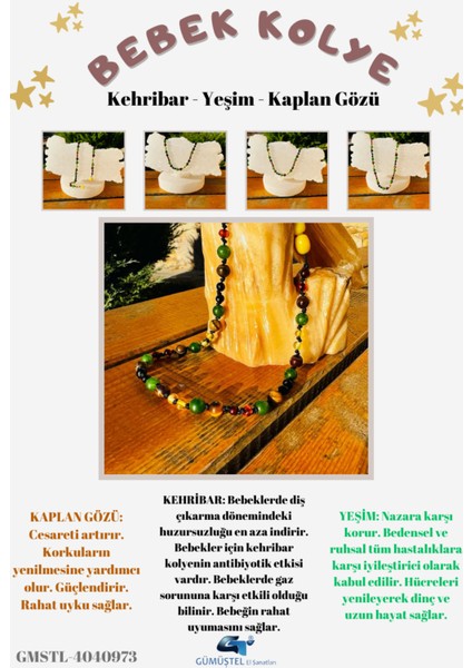 Sertifikalı Bebek Kehribar Kolye Kehribar - Yeşim - Kaplan Gözü