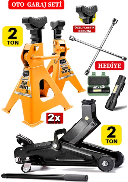 2ton Kapasiteli 4 Ayaklı X2ADET Set Sehpa Kriko Standı + Bijon Seti El Feneri Hediye Garaj Usta Set