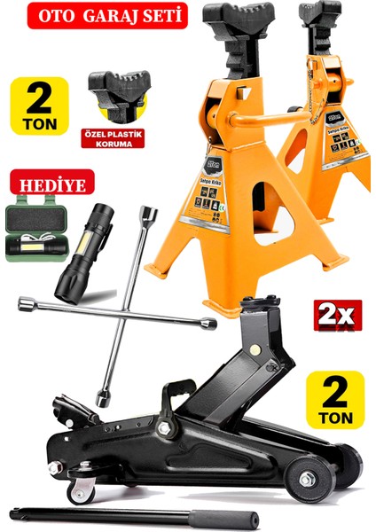 2ton Kapasiteli 4 Ayaklı X2ADET Set Sehpa Kriko Standı + Bijon Seti El Feneri Hediye Garaj Usta Set modelleri