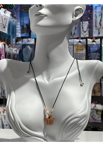 Sertifikalı Pembe Kuvars Doğal Taş Kelebek Obje Kolye