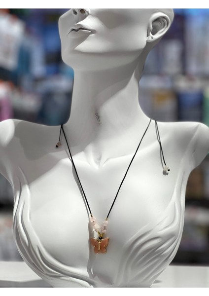 Sertifikalı Pembe Kuvars Doğal Taş Kelebek Obje Kolye modelleri