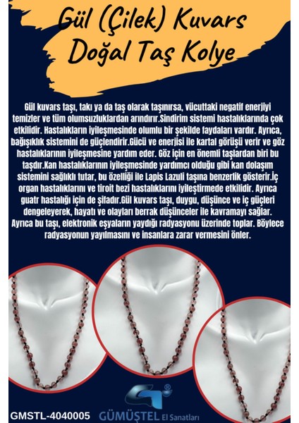 Sertifikalı Doğal Taş Gül (Çilek) Kuvars Taşı Kolye Aaa Kalite 6mm fiyatları