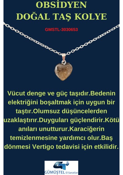 Sertifikalı Doğal Taş Obsidyen Kalp Model Minimal Kolye modelleri