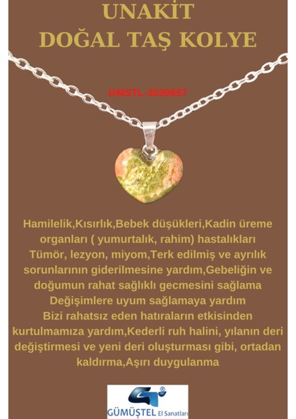 Sertifikalı Doğal Taş Unakit Kalp Model Minimal Kolye Aaa Kalite fiyatları