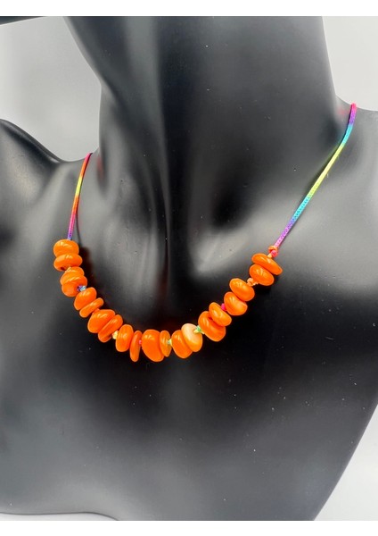 Sertifikalı Turuncu Sedef Doğal Taş Çocuk Kolyesi Asansörlü Kilit Sistemi