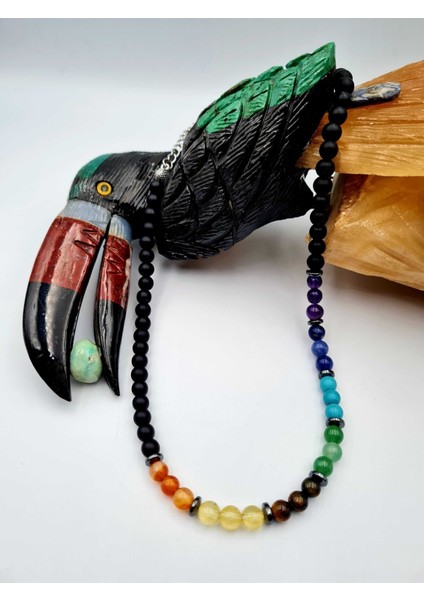 Sertifikalı Doğal Taş 7 Çakra Oniks Hematit Taşı Tasarım Kolye