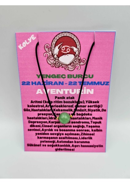 Sertifikalı Yengeç Burcu Aventurin Taşı Doğal Taş Kolye