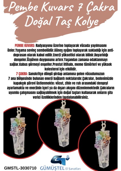 Sertifikalı Pembe Kuvars & 7 Çakra Doğal Taş Kolye Özel Tasarım Aaa Kalite fiyatları