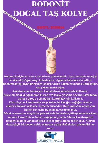 Sertifikalı Rodonit Doğal Taş Kolye Özel Kesim fiyatları
