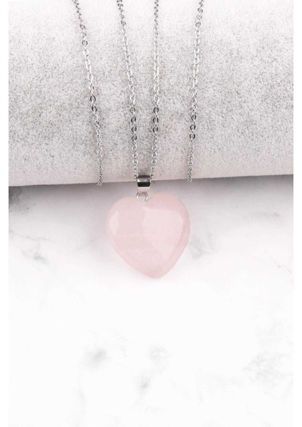 Sertifikalı Pembe Kuvars Doğal Taş Kalp Kolye Sürpriz Hediyeli