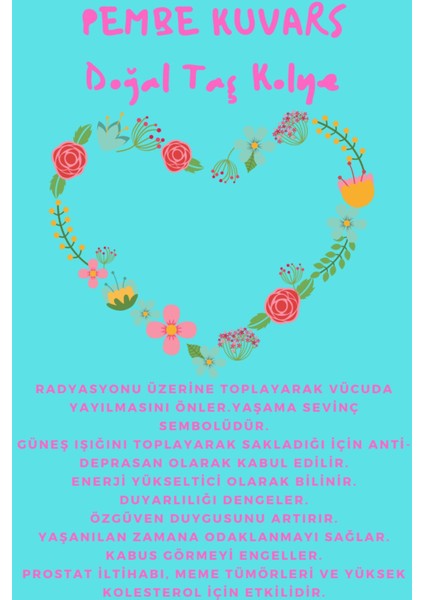 Sertifikalı Pembe Kuvars Doğal Taş Kalp Kolye Sürpriz Hediyeli modelleri